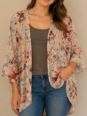 Floral Kimono Lightweight Open Front in Pink, Burgundy & Blue Sz XL